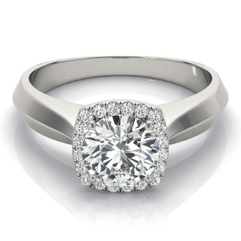 White gold Cushion Halo Round Brilliant Solitaire Ring with Tapered Band and Four-Prong Setting