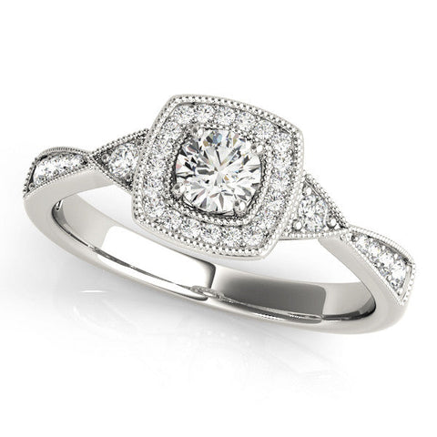 White gold Cushion Halo Round Diamond Milgrain Pave Engagement Ring