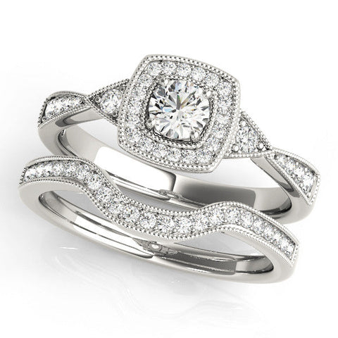 White gold Cushion Halo Round Diamond Milgrain Pave Engagement Ring