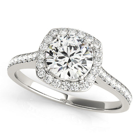 White gold Cushion Halo Round Diamond Pavé Band with Four-Prong Setting