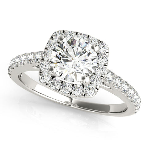 Platinum Cushion Halo Round Diamond Pave Band Four-Prong Ring