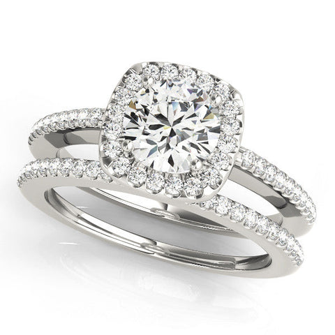 Platinum Cushion Halo Round Diamond Pave Band Prong Setting Ring