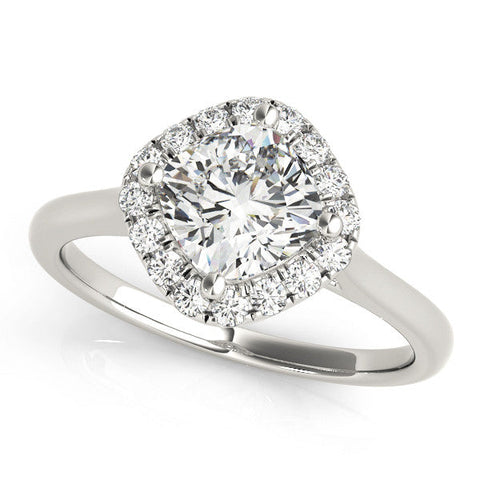 Platinum Cushion Halo Round Diamond Solitaire Engagement Ring with Pave Band and Four-Prong Setting