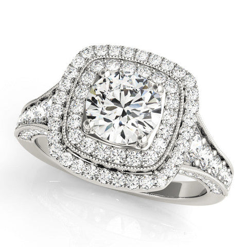 Platinum Cushion Halo Round Diamond Split Shank Prong Setting Ring