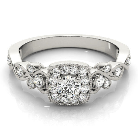 Platinum Cushion Halo Round Diamond Twisted Band Four-Prong Ring