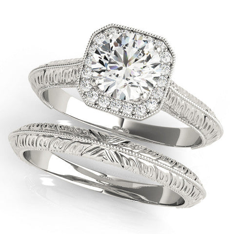 Platinum Cushion Halo Round Solitaire Milgrain Engagement Ring