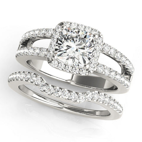 Platinum Cushion Halo Split Shank Diamond Ring with Four-Prong Setting