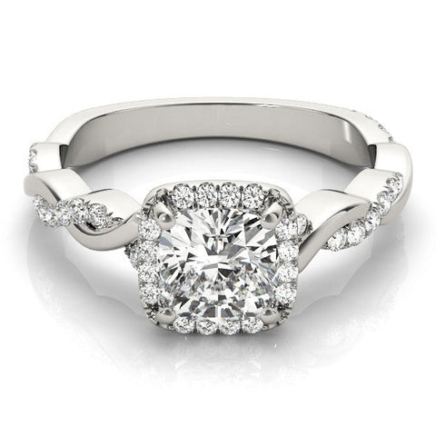 Platinum Cushion Halo Twist Band with Four-Prong Setting
