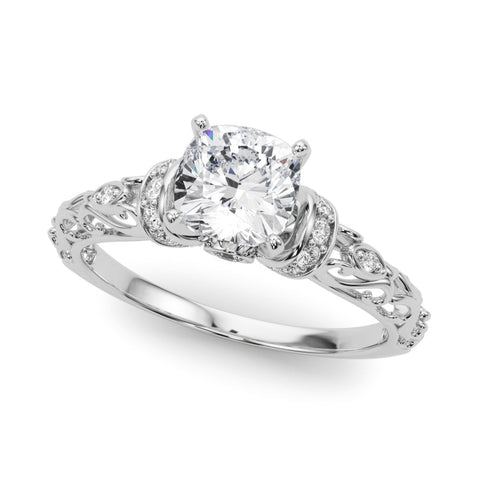 Platinum Cushion Solitaire Diamond Ring with Filigree Band and Four-Prong Setting