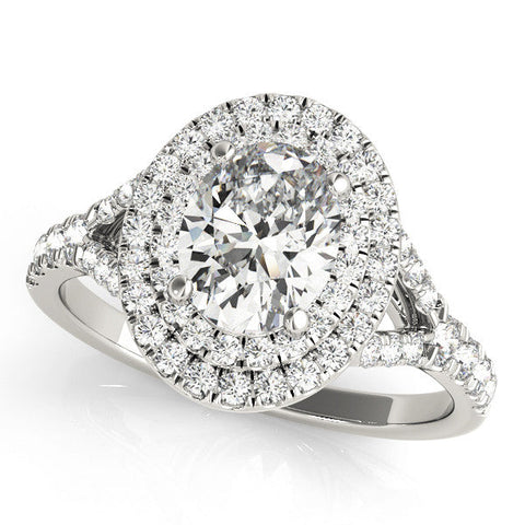 Platinum Double Halo Oval Cut Split Shank Diamond Ring with Four-Prong Setting