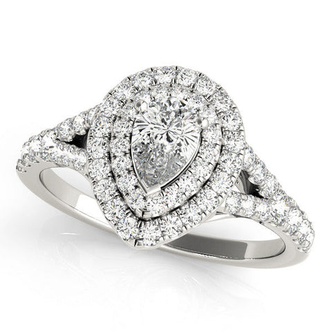 Platinum Double Halo Pear-Shaped Split Shank Diamond Ring with Prong Setting