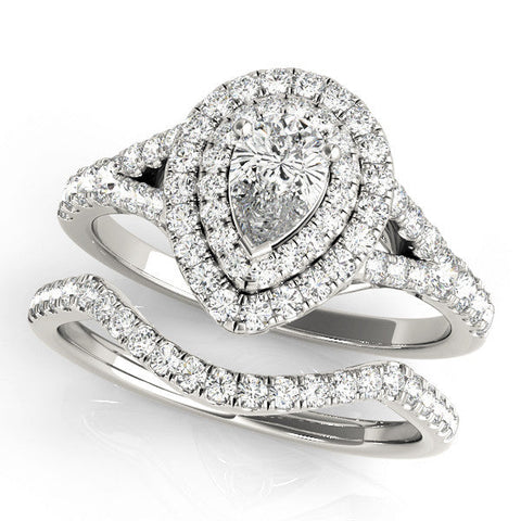Platinum Double Halo Pear-Shaped Split Shank Diamond Ring with Prong Setting