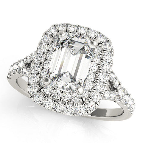 White gold Double Halo Radiant Cut Diamond Split Shank Ring with Four Prong Setting