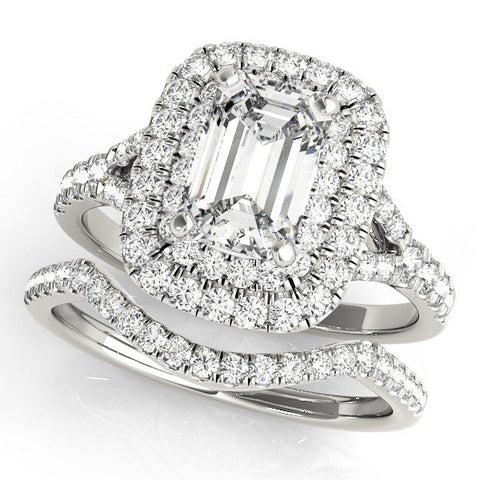 White gold Double Halo Radiant Cut Diamond Split Shank Ring with Four Prong Setting