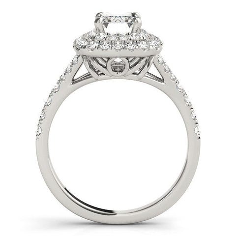 Platinum Double Halo Radiant Cut Diamond Split Shank Ring with Four Prong Setting