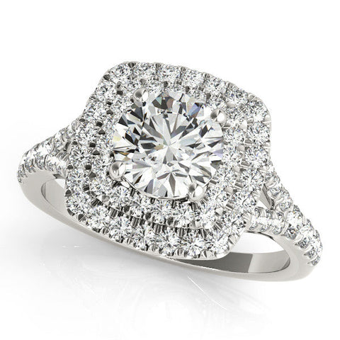 Platinum Double Halo Round Cut Pave Split Shank Prong Set Ring