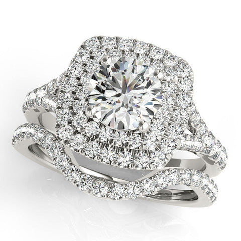 Platinum Double Halo Round Cut Pave Split Shank Prong Set Ring