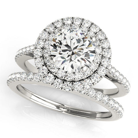 Platinum Double Halo Round Diamond Pavé Band Prong Setting Ring