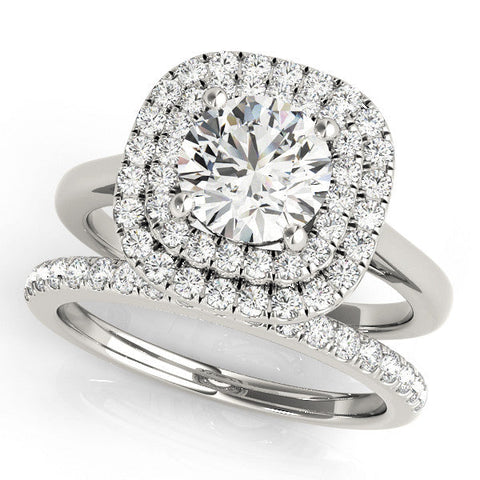 Platinum Double Halo Round Diamond Pavé Band with Four-Prong Setting