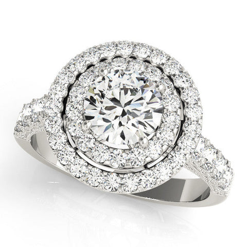 Platinum Double Halo Round Diamond Pave Band Four-Prong Ring