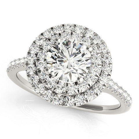 Platinum Double Halo Round Diamond Pave Band with Four-Prong Setting