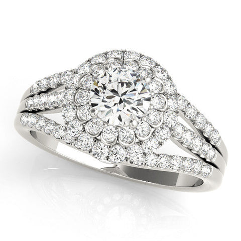 White gold Double Halo Round Diamond Split Shank Pave Set Ring
