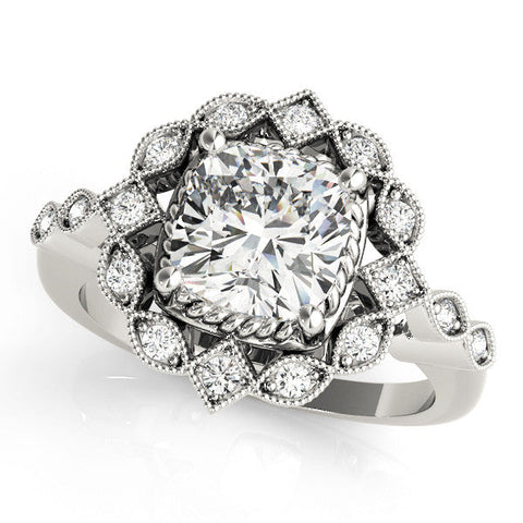 Platinum Halo Cushion Cut Diamond Milgrain Band with Four-Prong Setting