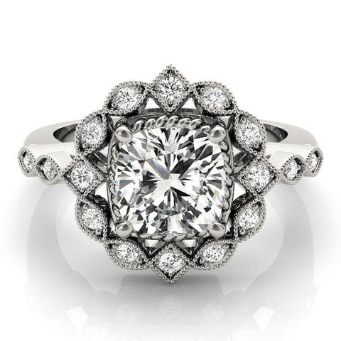 Platinum Halo Cushion Cut Diamond Milgrain Band with Four-Prong Setting