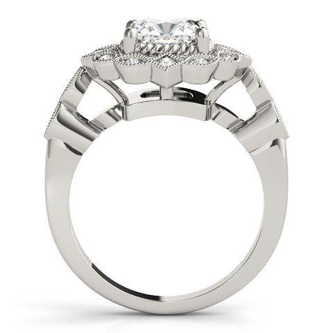 White gold Halo Cushion Cut Diamond Milgrain Band with Four-Prong Setting