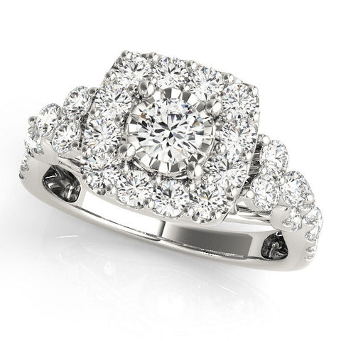 Platinum Halo Round Cut Diamond Ring with Pavé Band and Four-Prong Setting