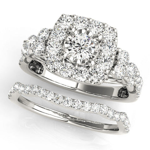 White gold Halo Round Cut Diamond Ring with Pavé Band and Four-Prong Setting