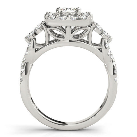 Platinum Halo Round Cut Diamond Ring with Pavé Band and Four-Prong Setting
