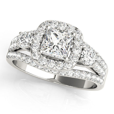 Platinum Halo Princess Cut Split Shank Diamond Ring with Four-Prong Setting