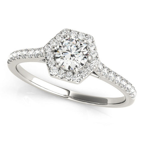 White gold Hexagonal Halo Round Diamond Pavé Band with Four-Prong Setting