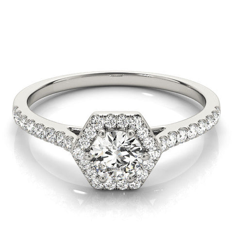 Platinum Hexagonal Halo Round Diamond Pavé Band with Four-Prong Setting