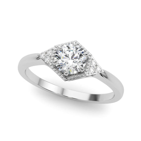Platinum Hexagonal Halo Round Diamond Solitaire with Pavé Band and Four-Prong Setting