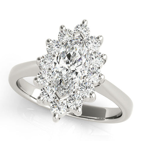 Platinum Marquise Cluster Halo Diamond Ring with Solitaire Band and Prong Setting