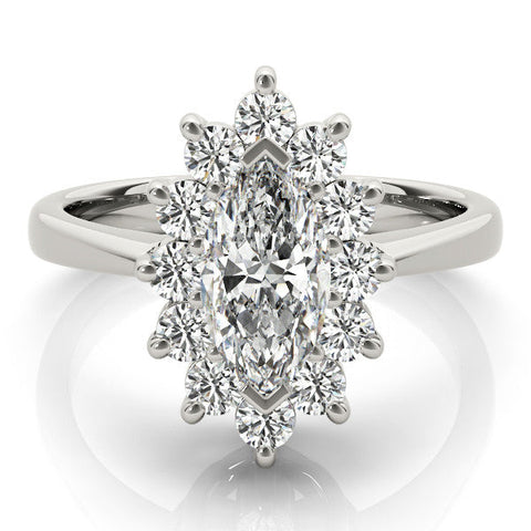 Platinum Marquise Cluster Halo Diamond Ring with Solitaire Band and Prong Setting