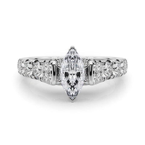 White gold Marquise Cut Diamond Pavé Band Solitaire with Four-Prong Setting