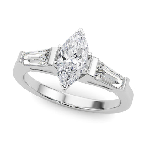 Platinum Marquise Cut Diamond Solitaire Ring with Tapered Baguette Accents and Four-Prong Setting