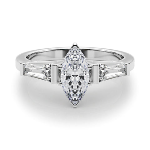 Platinum Marquise Cut Diamond Solitaire Ring with Tapered Baguette Accents and Four-Prong Setting