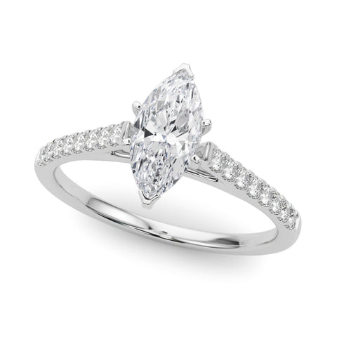 White gold Marquise Cut Solitaire Diamond Ring with Pave Band and Four-Prong Setting
