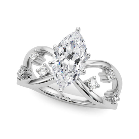 Platinum Marquise Cut Solitaire Diamond with Side Stones on Criss-Cross Band and Four-Prong Setting