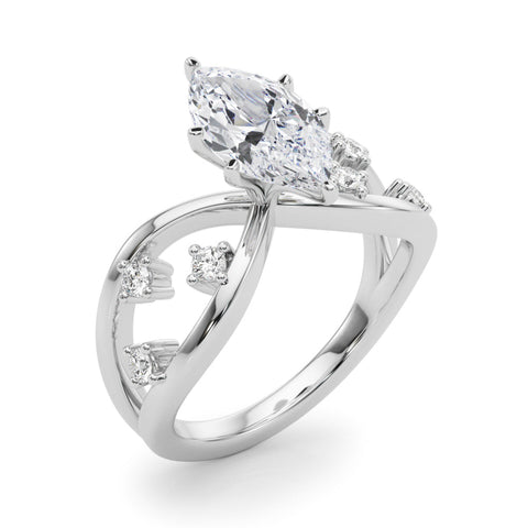Platinum Marquise Cut Solitaire Diamond with Side Stones on Criss-Cross Band and Four-Prong Setting