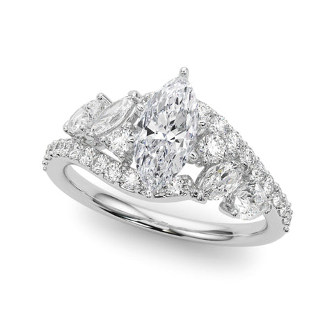 Platinum Marquise Diamond Halo Ring with Marquise and Pavé Band in Prong Setting