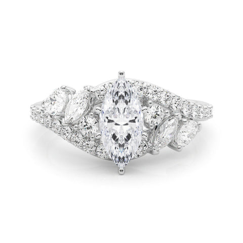 Platinum Marquise Diamond Halo Ring with Marquise and Pavé Band in Prong Setting