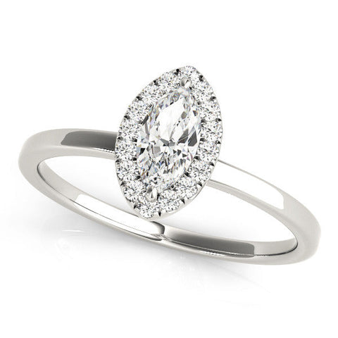 Platinum Marquise Halo Diamond Solitaire with Pavé Band and Four-Prong Setting