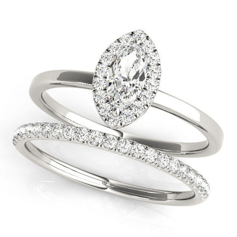 Platinum Marquise Halo Diamond Solitaire with Pavé Band and Four-Prong Setting