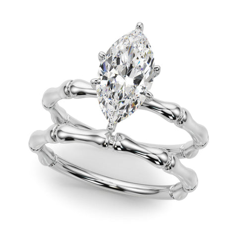Platinum Marquise Solitaire Diamond Ring with Bamboo Band and Four-Prong Setting