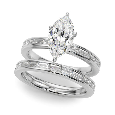 Platinum Marquise Solitaire Diamond Ring with Channel-Set Baguette Band and Four-Prong Setting